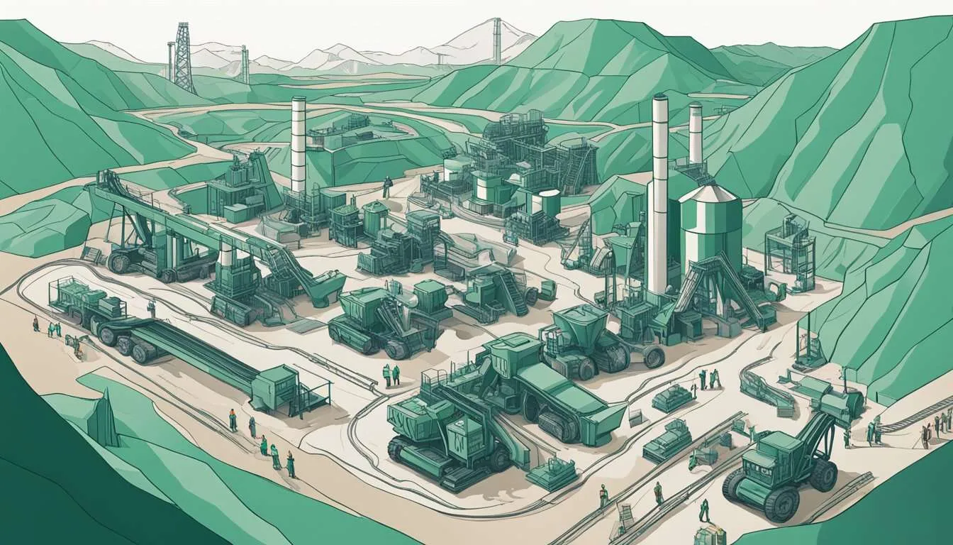 A bustling lithium mine surrounded by industrial machinery and workers. The landscape shows both the benefits and drawbacks of mining lithium