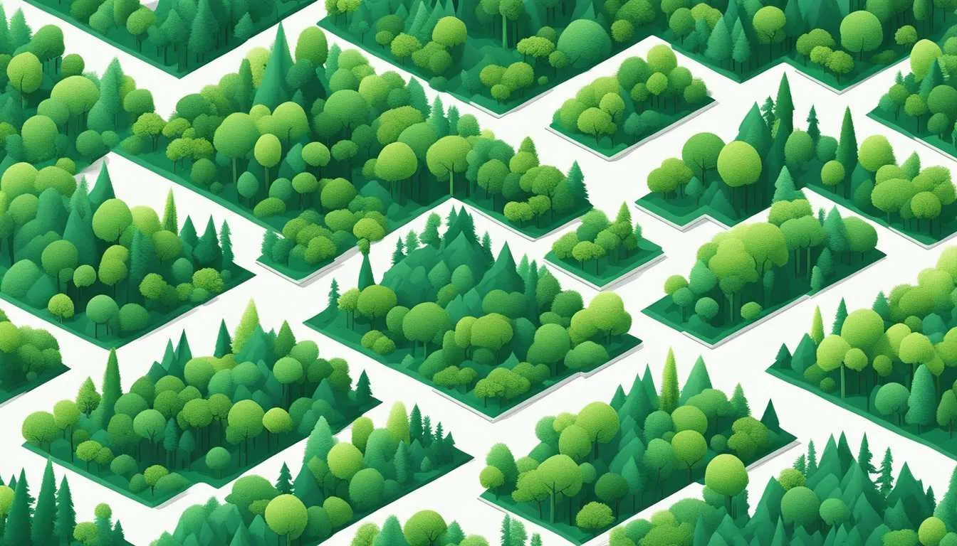 Lush green forest transforms into barren land, emitting CO2. Earth warms