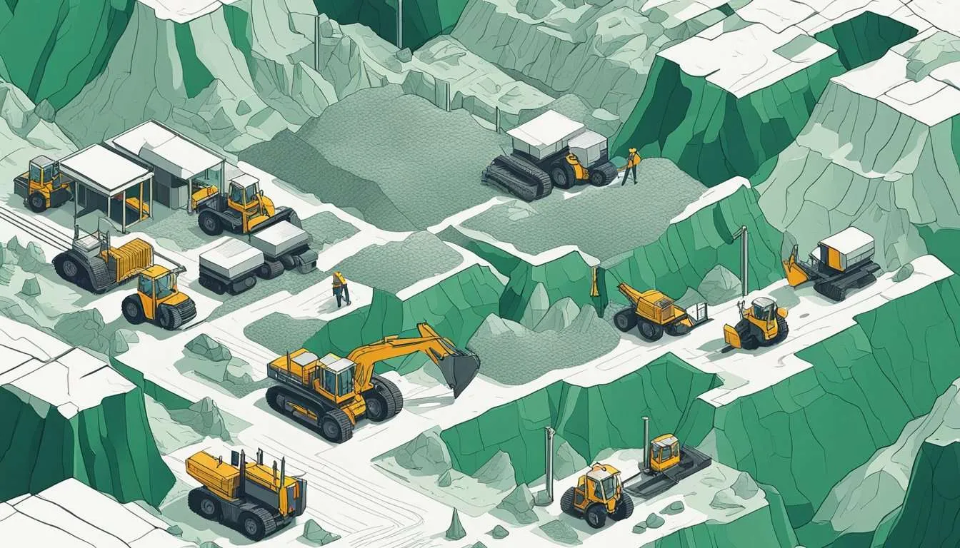 A rugged landscape with heavy machinery extracting lithium from the earth, while workers navigate the risks and challenges of mining