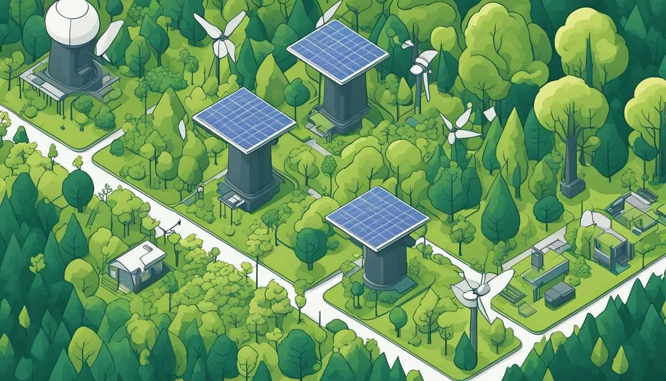 Lush green forest with vibrant flora, animals, and clean air. Solar panels and wind turbines generating renewable energy. Carbon emissions being absorbed by trees and plants
