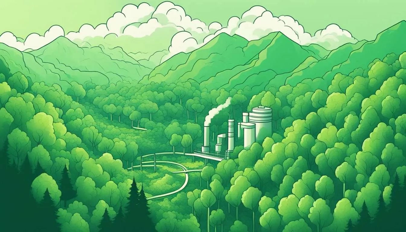 A lush forest with trees absorbing carbon dioxide from the air, while emitting oxygen. A factory emitting carbon dioxide into the atmosphere, contributing to climate change