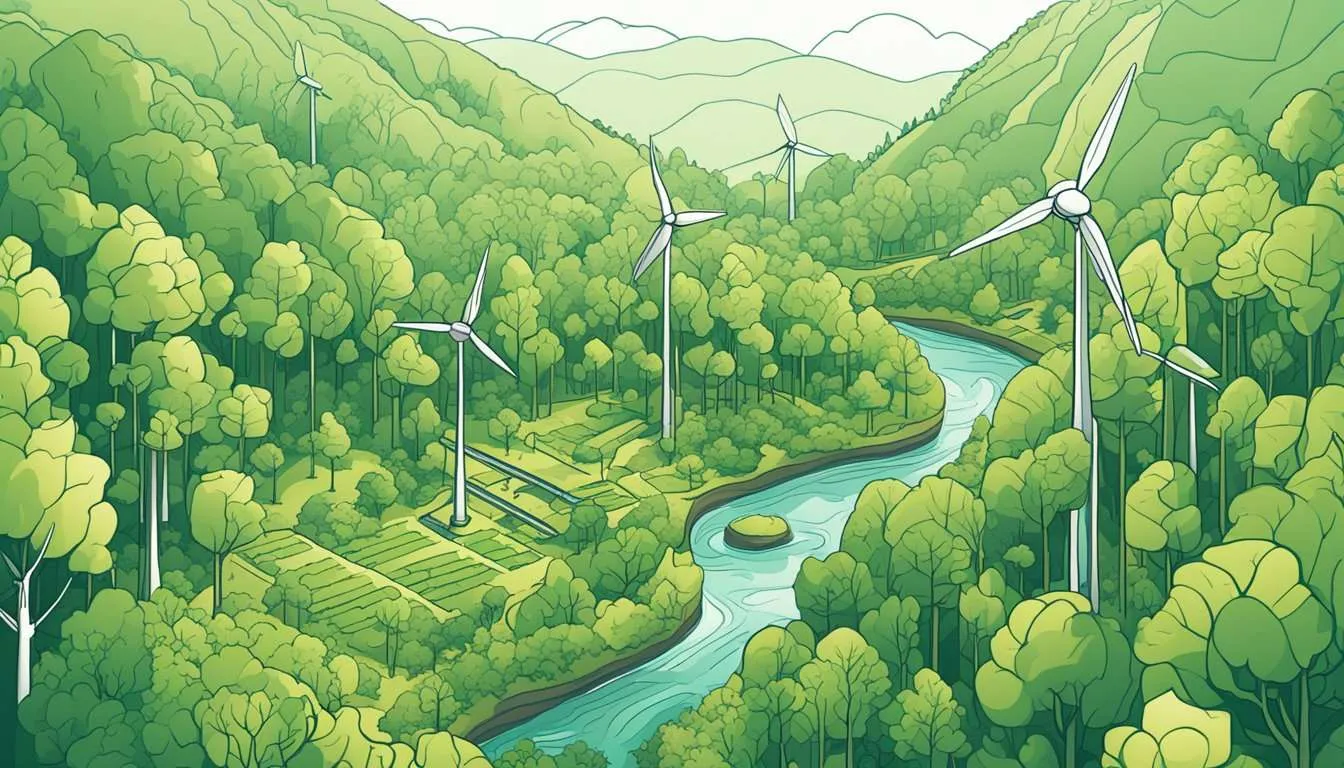 A lush forest with thriving vegetation, clear skies, and renewable energy sources like wind turbines and solar panels. The scene exudes a sense of balance and harmony with nature, showcasing the concept of carbon positivity