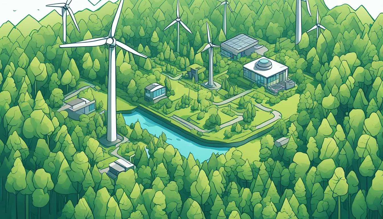 A lush forest with a clear blue sky, a wind farm generating clean energy, and a modern urban environment.