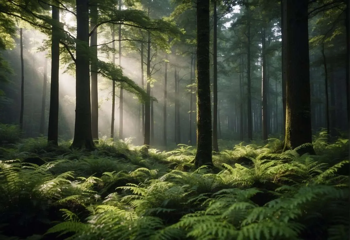 Sunlight streams through a dense forest, highlighting the lush green ferns on the forest floor and creating a serene and tranquil woodland scene.