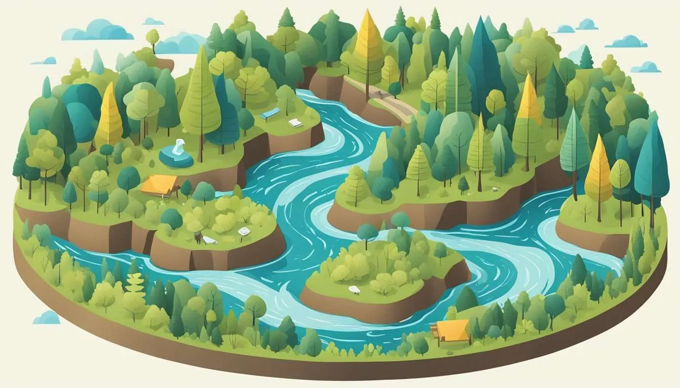 A serene forest with a flowing river, diverse wildlife, and a clear sky. 