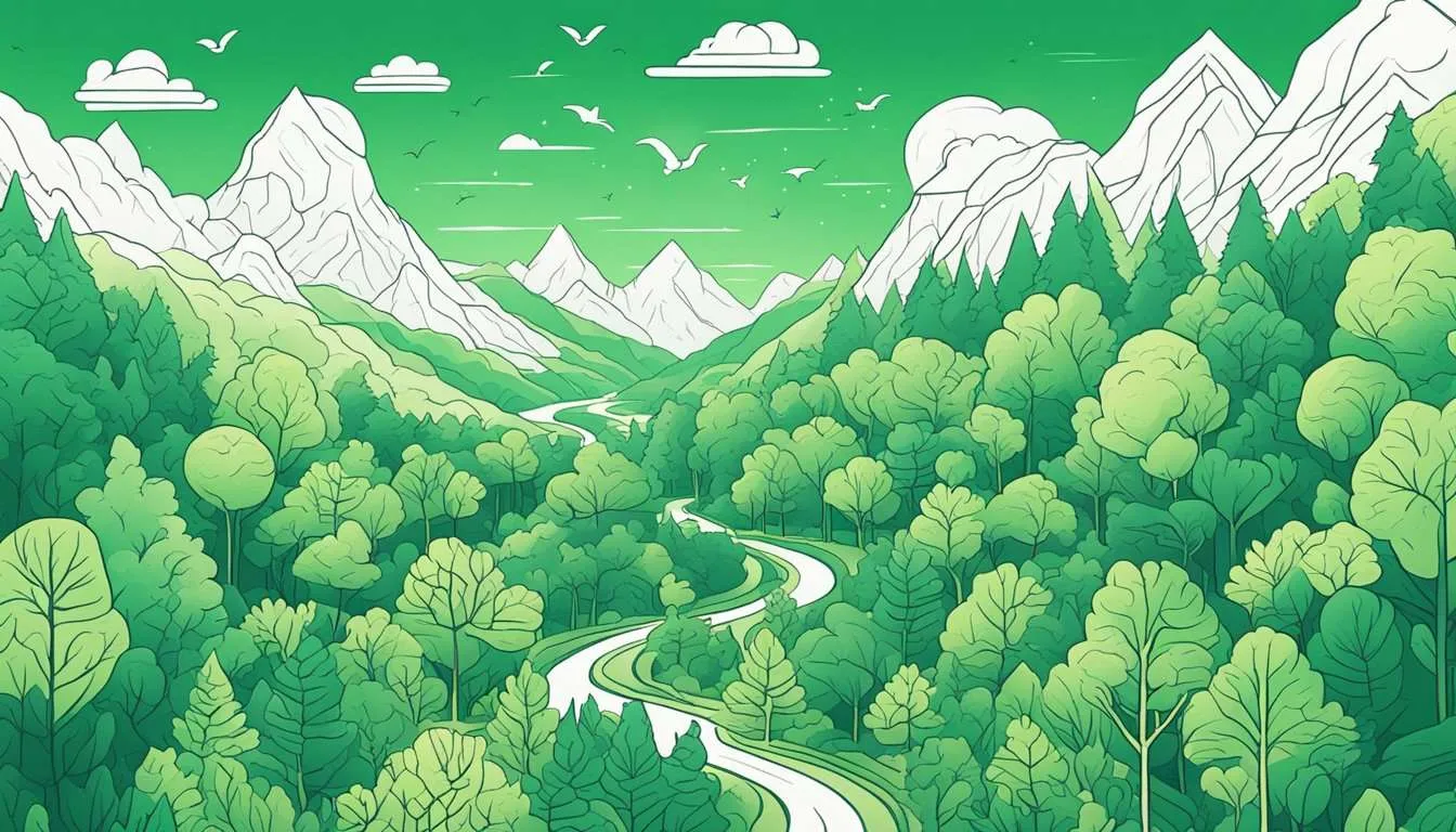 A lush forest with vibrant green trees and diverse wildlife, surrounded by clean air and clear skies, symbolising carbon positivity and net zero goals