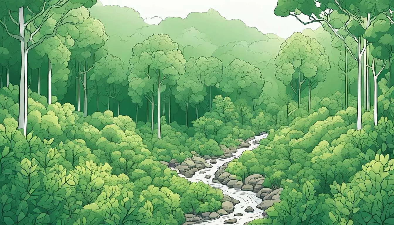 Lush forest with trees absorbing carbon dioxide, releasing oxygen, and storing carbon in soil and biomass, creating a carbon-positive environment
