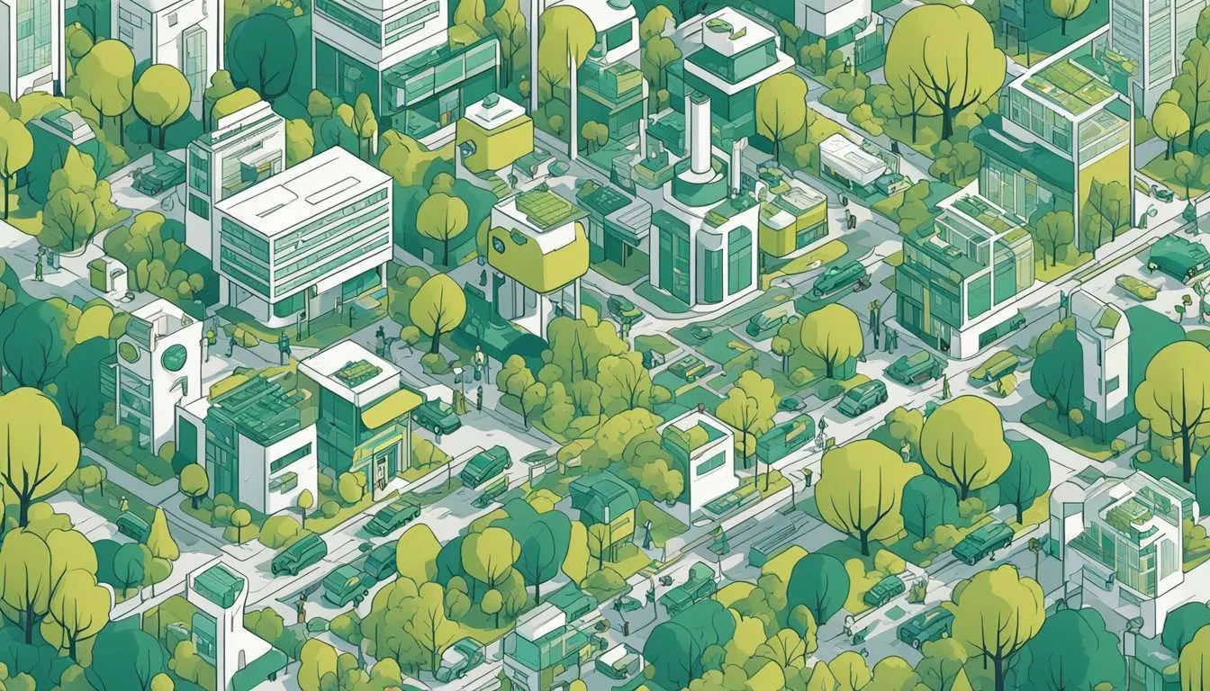 A bustling city with clean energy sources, electric vehicles, and sustainable buildings. People are seen actively recycling and using reusable products. The atmosphere is filled with a sense of environmental responsibility and conscious consumption