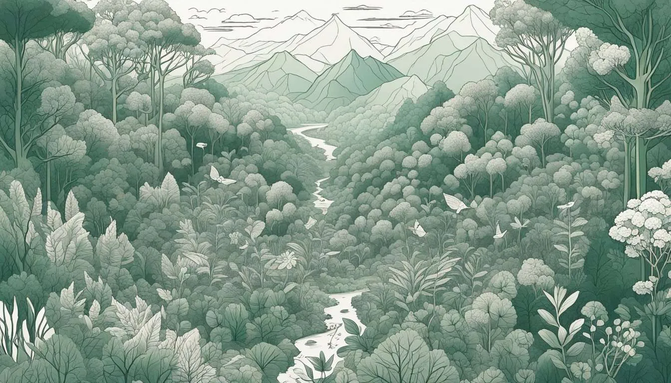 A lush forest with diverse plant and animal species interacting. The interconnected web of life supports the ecosystem’s stability
