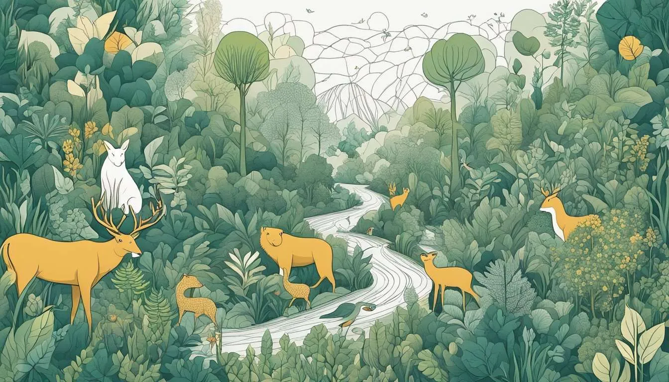 A lush forest with diverse plant and animal species interacting. The interconnected web of life supports the ecosystem’s stability