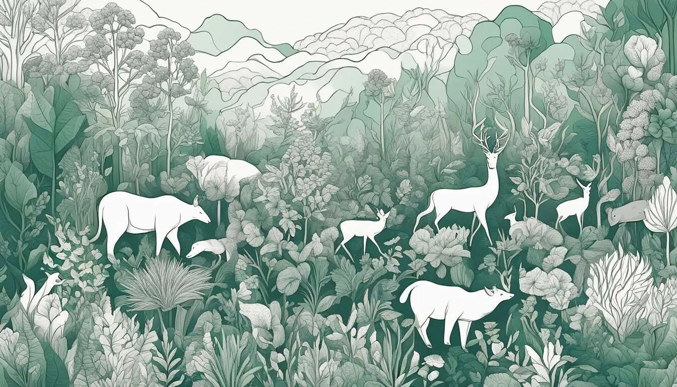 A diverse array of plants and animals interact in a balanced ecosystem, each contributing to its stability and resilience