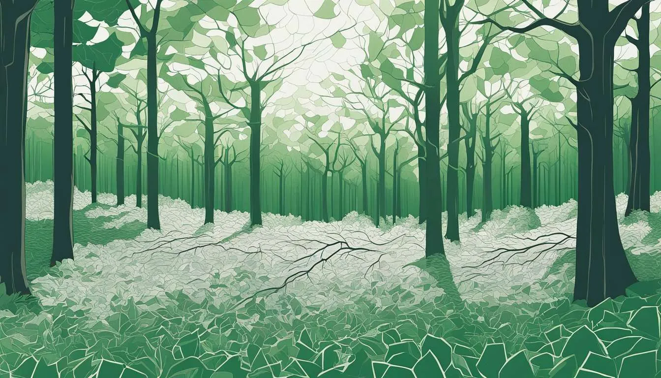 Sunlight filters through sparse tree canopy, reaching fewer leaves below. Fallen trees litter the ground, disrupting the natural carbon cycle