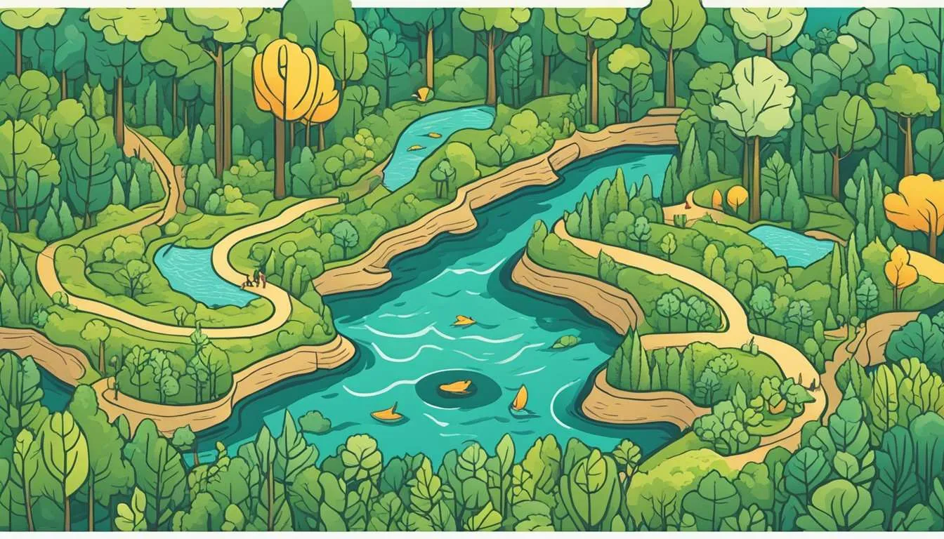 A lush forest with a flowing river, surrounded by diverse flora and fauna.
