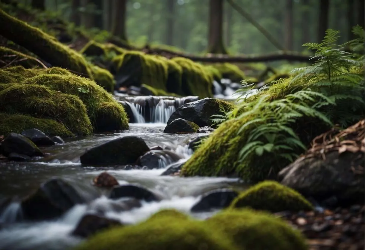 A serene forest stream tumbles over rocks and flows under a bridge of moss-covered logs, surrounded by dense ferns and the quiet of nature.