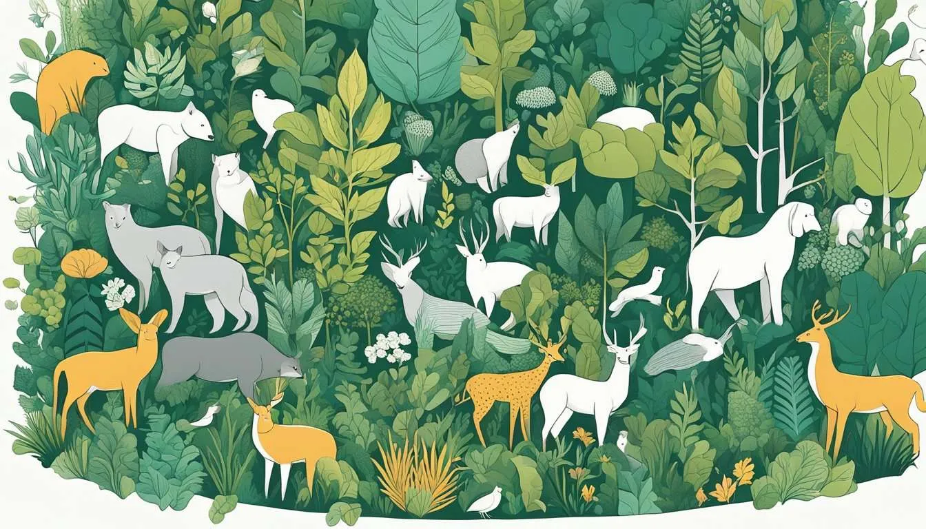 A diverse array of plants and animals interwoven in a lush ecosystem, each species playing a crucial role in maintaining the balance and stability of the environment