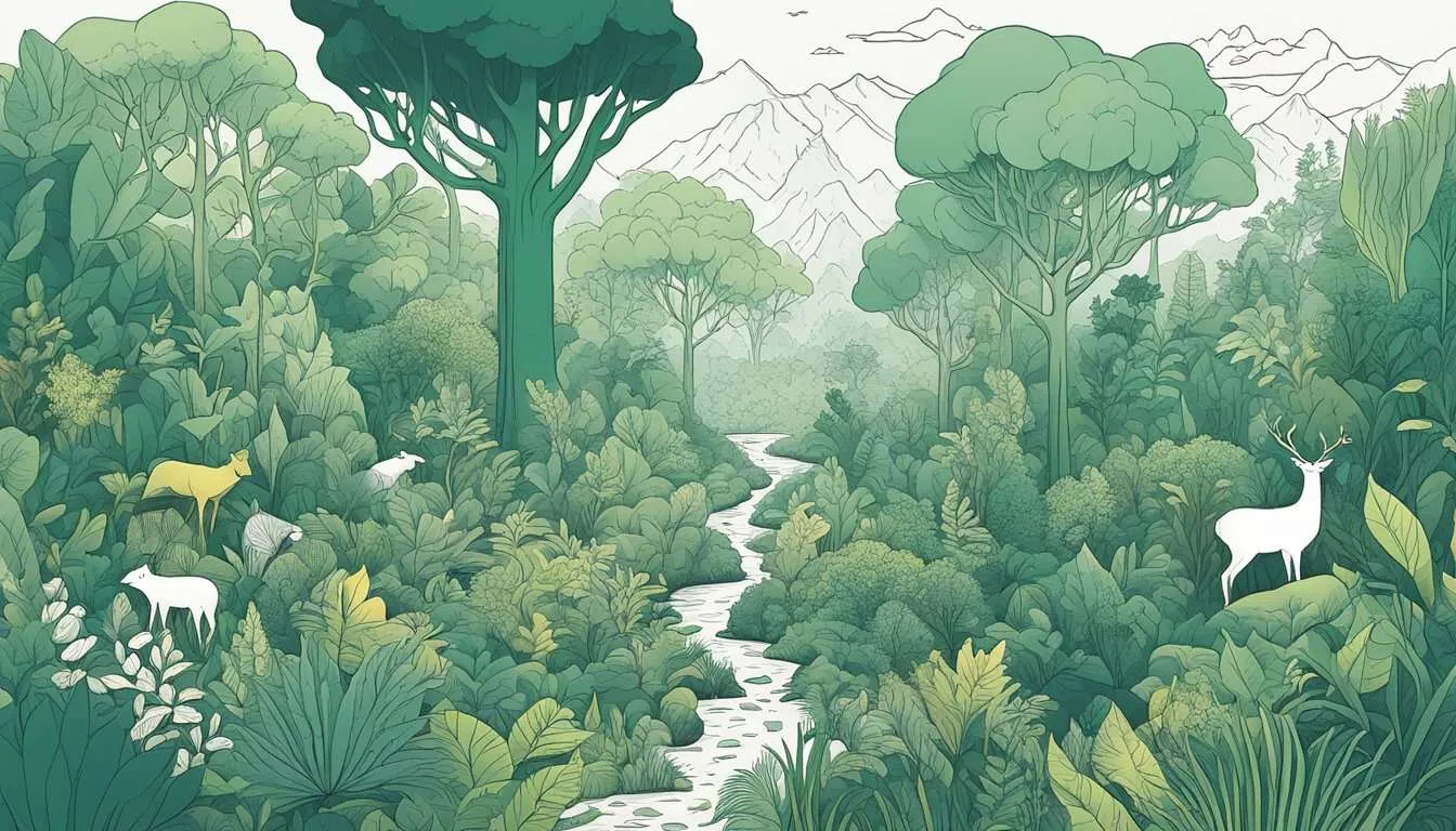 A lush forest with diverse plant and animal species thriving despite changing climate conditions. The interconnectedness of species can be shown through various interactions and dependencies