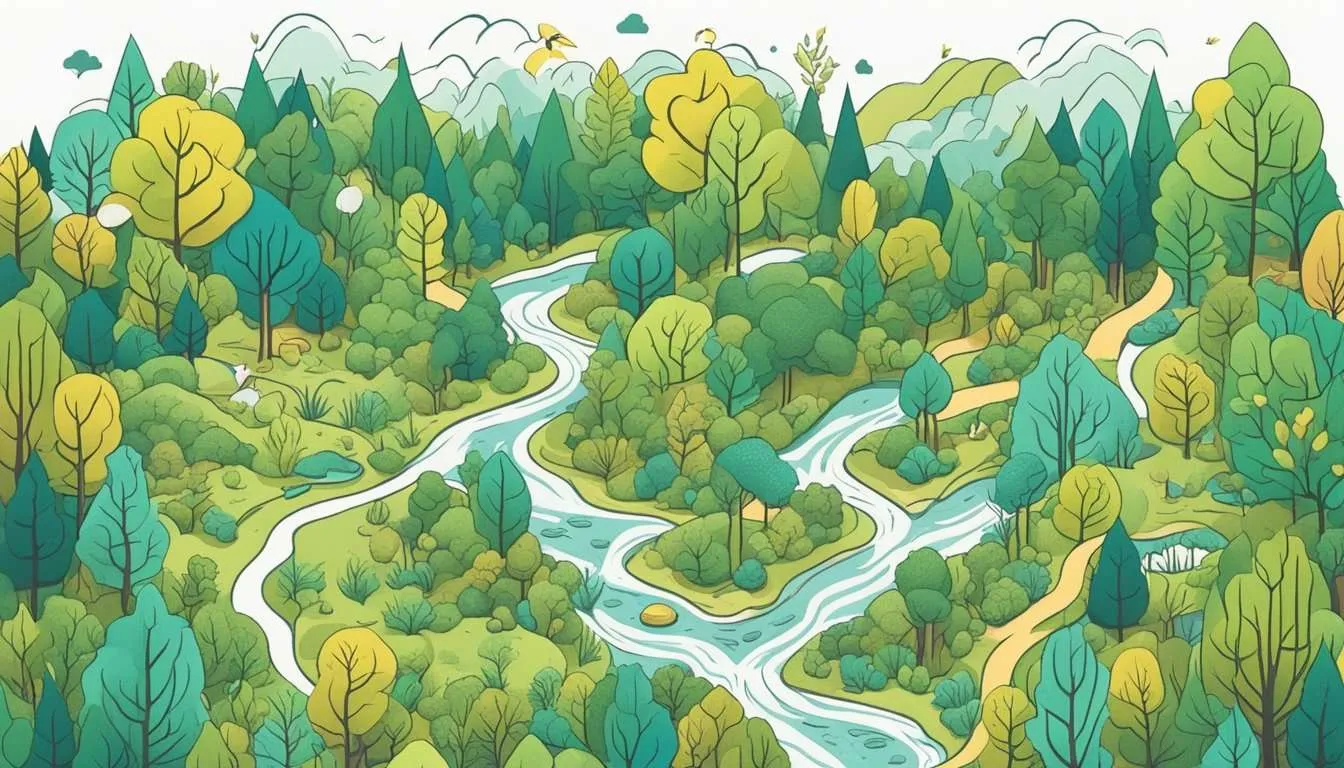 Lush forest with clear streams, diverse wildlife, and signs of sustainable land management