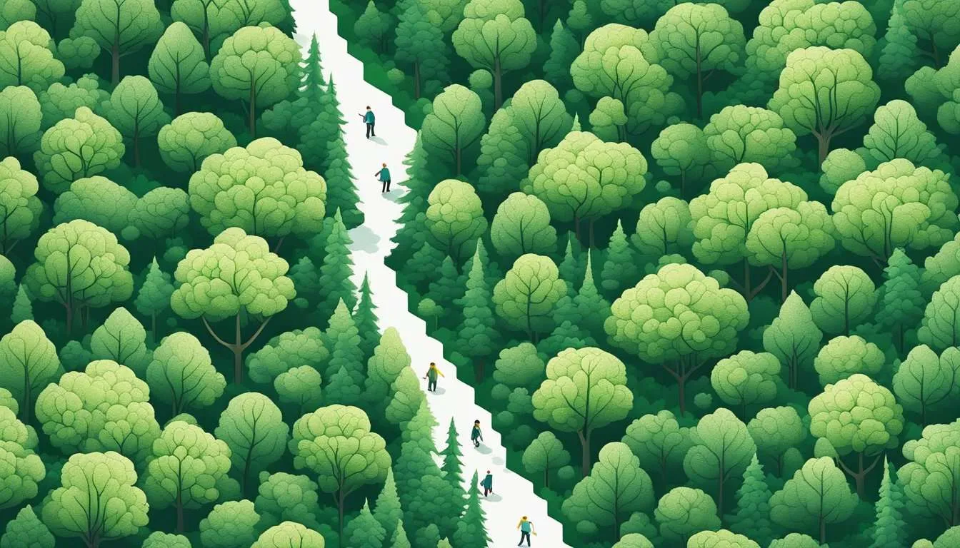 A dense forest with lush green trees being cut down, causing a decrease in oxygen production and disrupting the balance of photosynthesis