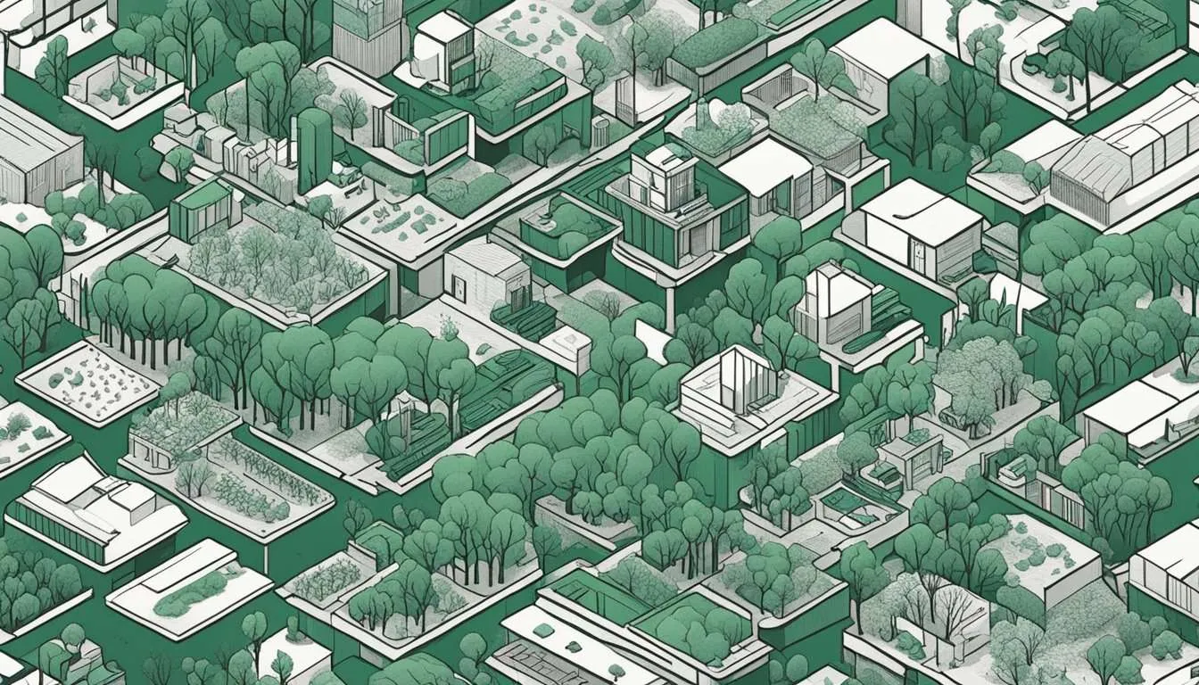A monochromatic illustration of an urban green space design, showcasing a dense network of buildings interspersed with lush trees, rooftop gardens, and abundant vegetation. The image depicts a bird’s-eye view of a cityscape transformed by urban agriculture, where natural elements are integrated into the architecture to create a sustainable living environment.