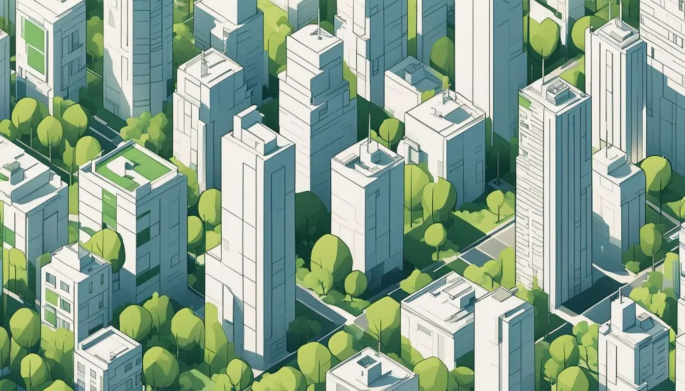 An aerial view of city buildings.