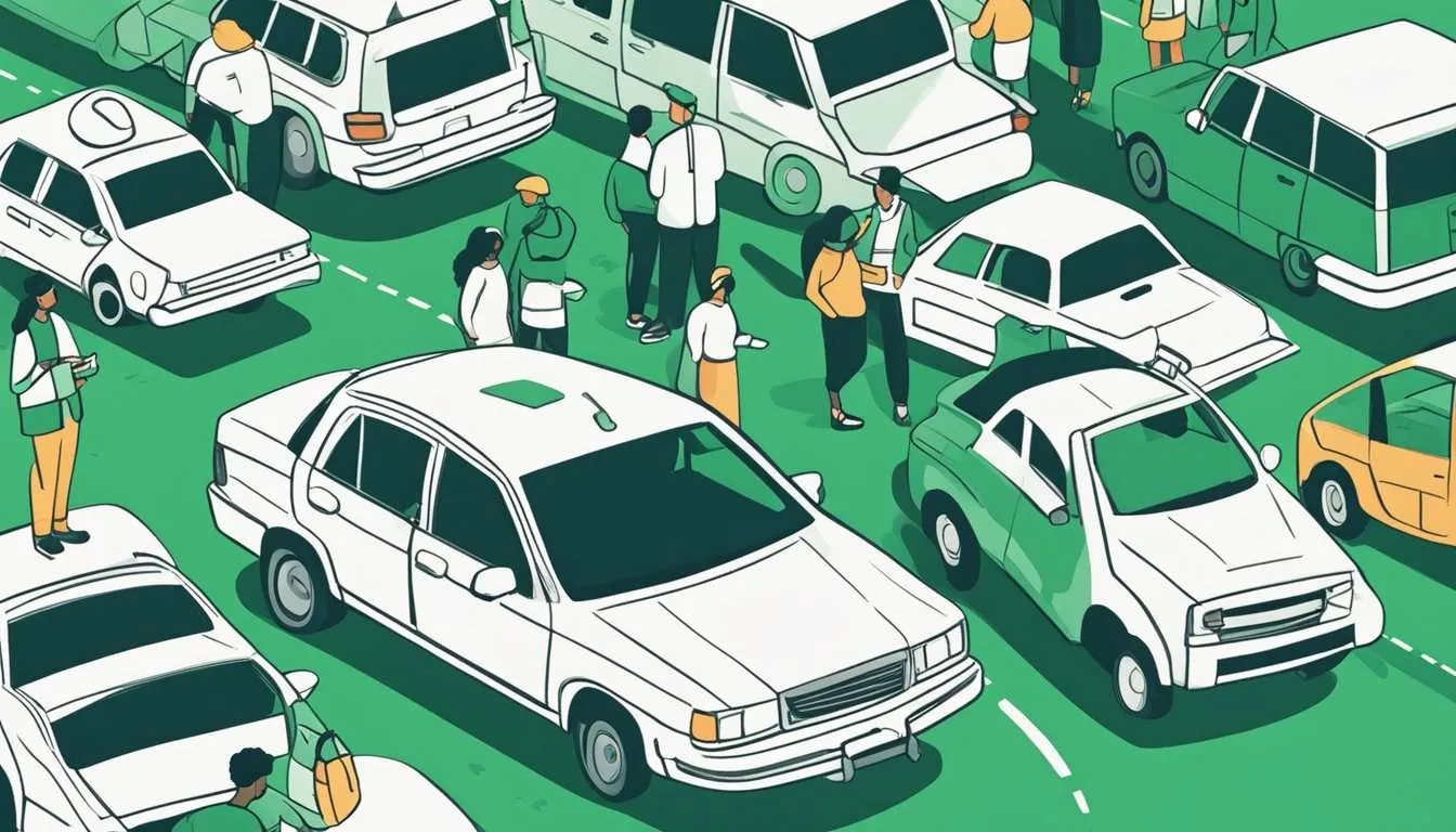 A group of diverse individuals gather around a car, smiling and chatting as they prepare to carpool together. 