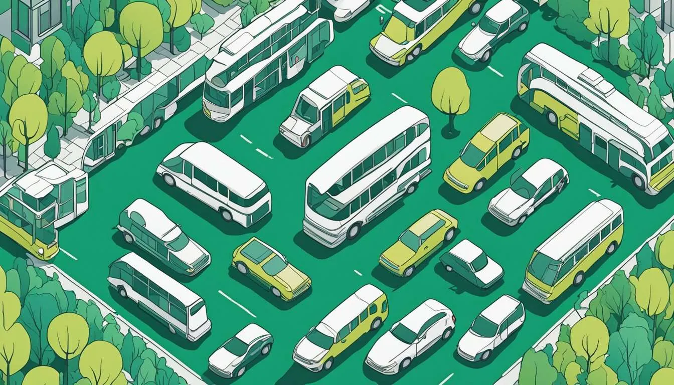 Cars, bicycles, and buses merge on a busy city street, showing the seamless integration of different transport modes for carpooling benefits