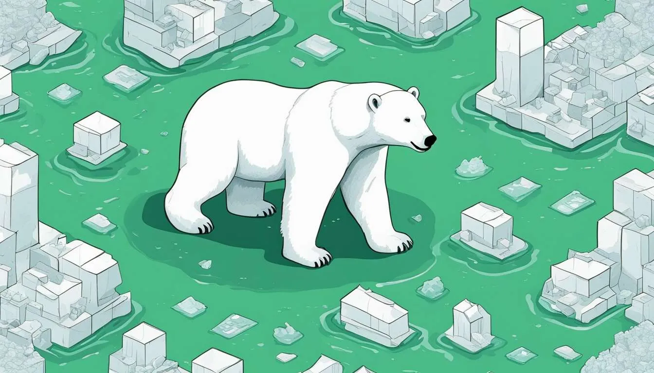 A polar bear stranded on a melting ice floe, surrounded by trash and pollution. A graph showing rising global temperatures