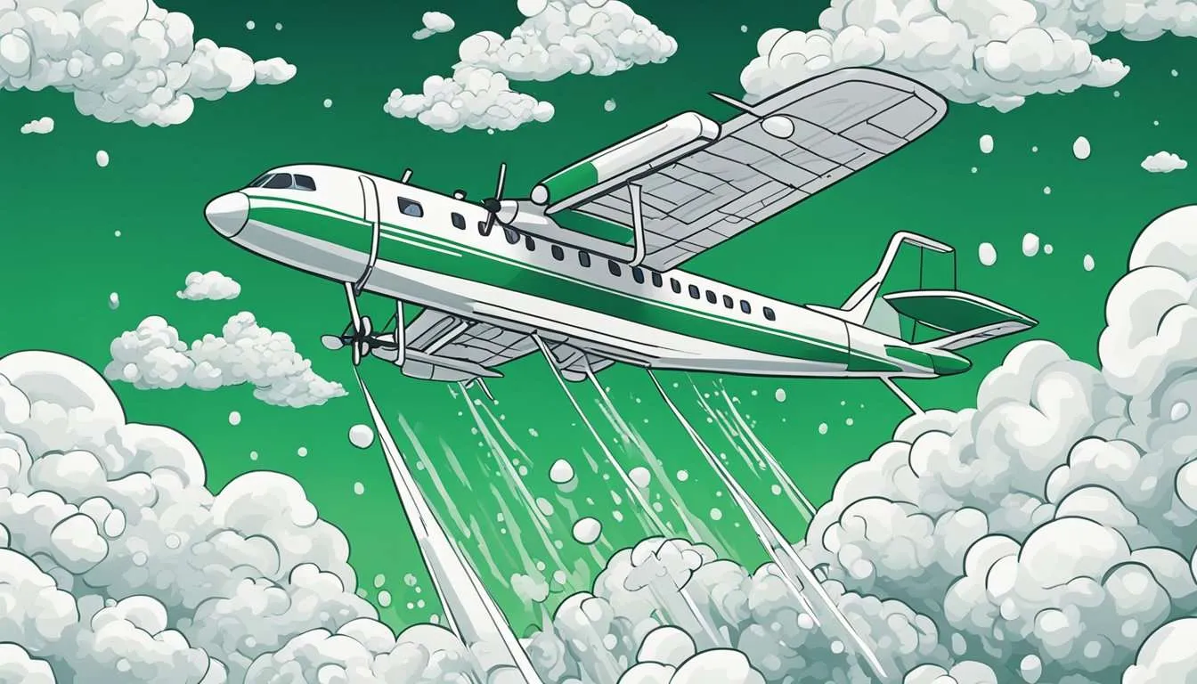Cloud seeding: an aircraft dispersing silver iodide into clouds, causing water droplets to form and potentially induce precipitation