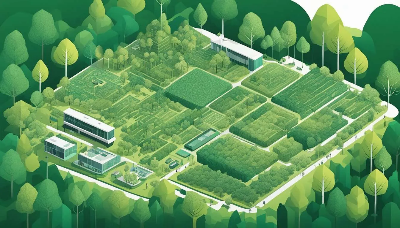 Lush forest transformed into cleared land with new infrastructure and industries thriving, symbolizing economic growth from deforestation