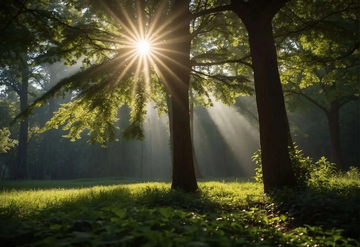 Golden sunlight filters through the branches of mature trees in a forest clearing, casting rays of light onto the lush green underbrush below.