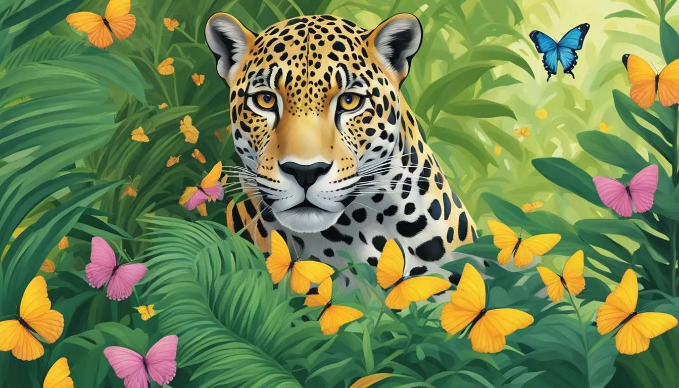 A jaguar stealthily stalks through the dense underbrush, its sleek fur blending seamlessly with the vibrant foliage. Meanwhile, a group of colorful butterflies flit from flower to flower, pollinating the lush vegetation