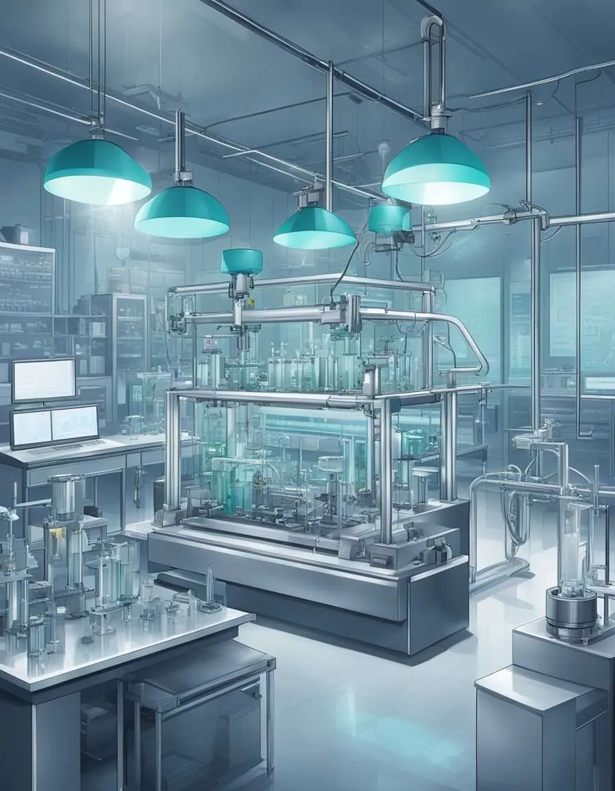 A lab with diamond-growing equipment and machinery, surrounded by data charts and ethical guidelines