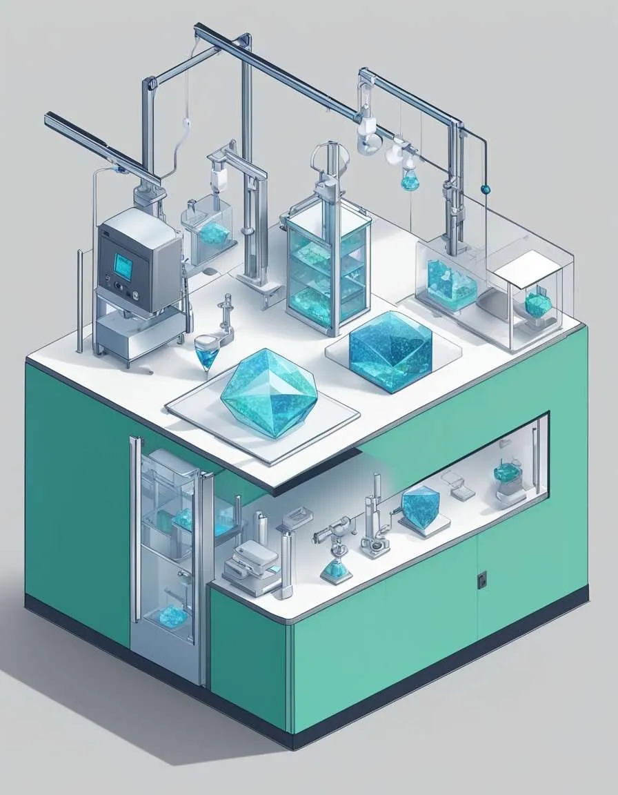 A lab setting with gleaming equipment and a diamond growing process. A scale showing ethical and environmental impacts on one side, and the benefits of lab-grown diamonds on the other
