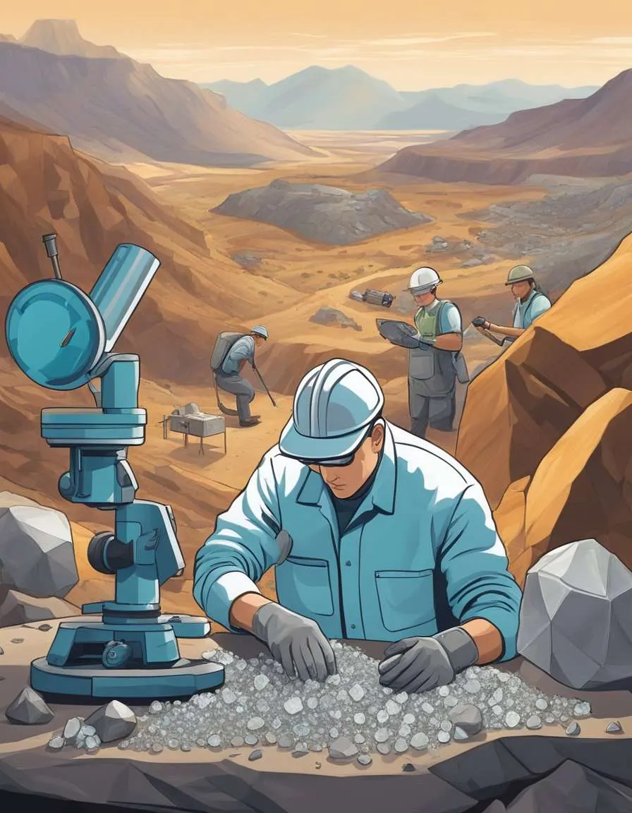 A lab technician carefully examines a sparkling lab-grown diamond under a microscope, while a diamond miner digs in a traditional mine. The technician is surrounded by modern equipment, while the miner is surrounded by the rugged landscape