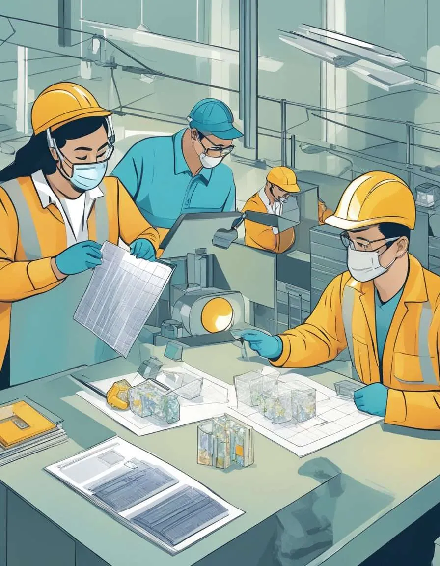 A diamond lab with workers inspecting samples and a chart comparing ethical and non-ethical factors