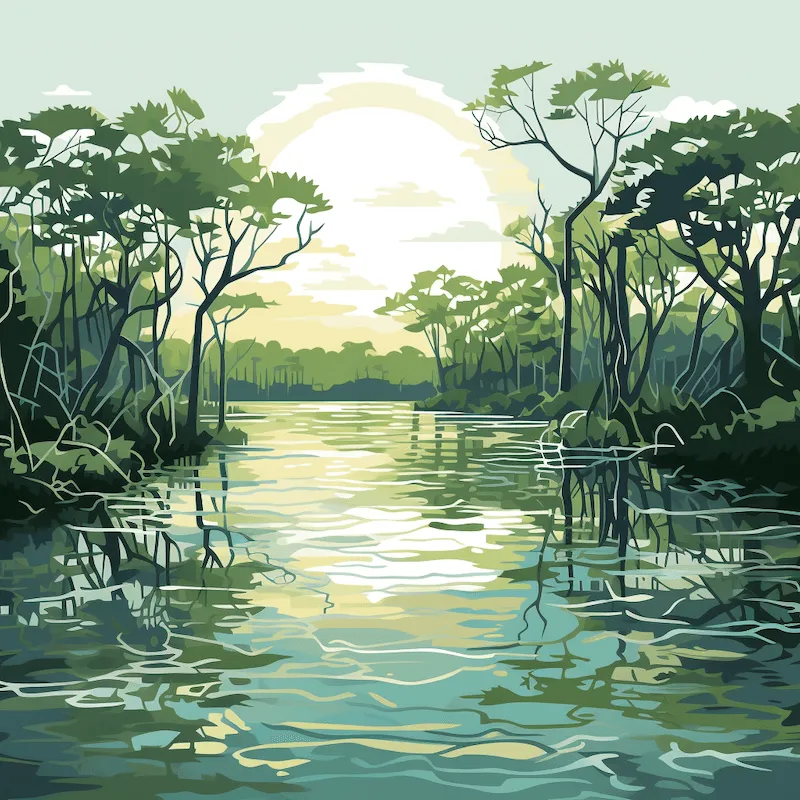 A serene illustration of a lush mangrove forest. The sun sets behind the dense mangroves, casting a soft light over the tranquil water reflecting shades of green and blue. The complex root systems of the mangrove trees are visible along the water’s edge, highlighting the unique ecosystem
