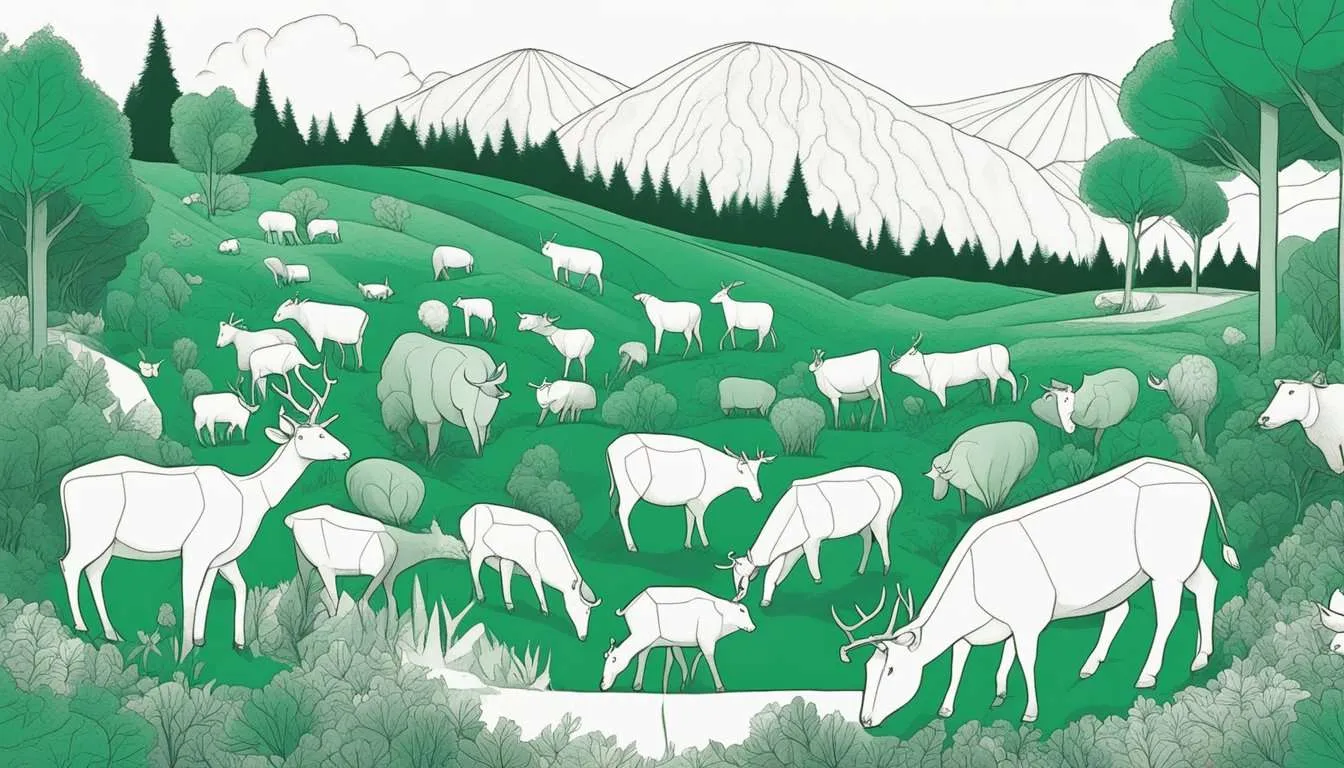 Animals grazing on deforested land, emitting methane, contributing to climate change