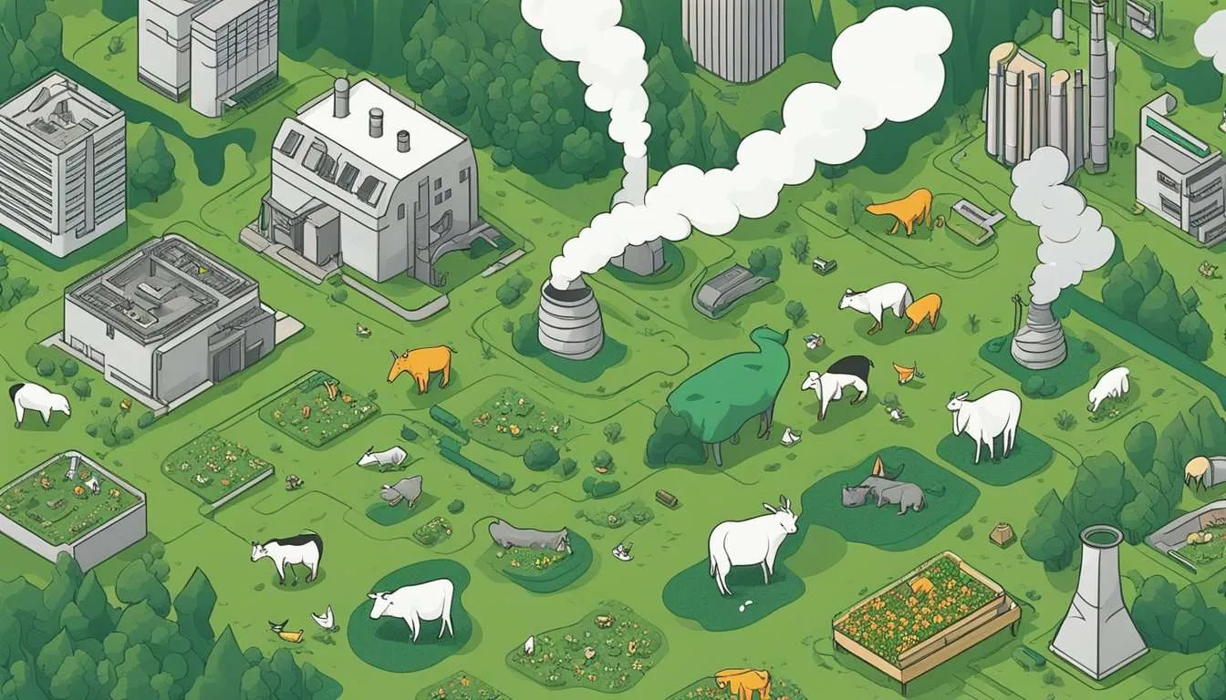 Animals grazing on lush green grass, while factories emit smoke into the air. Trash litters the ground, and polluted water flows nearby