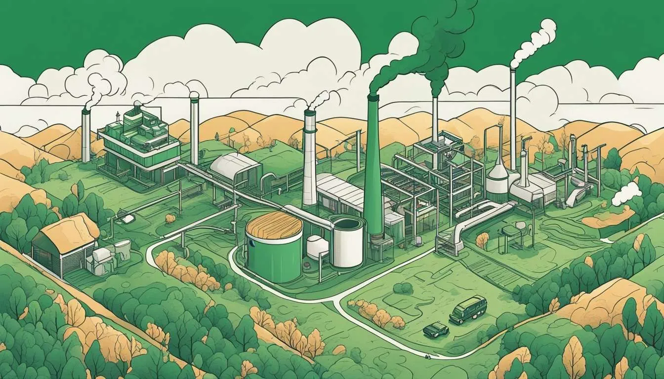 Is eating meat bad for the environment? A polluted landscape with factory smoke and animal waste, illustrating the environmental impact of meat consumption
