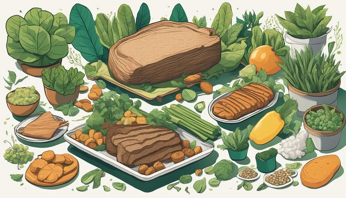 Various plant-based foods surround a piece of meat.