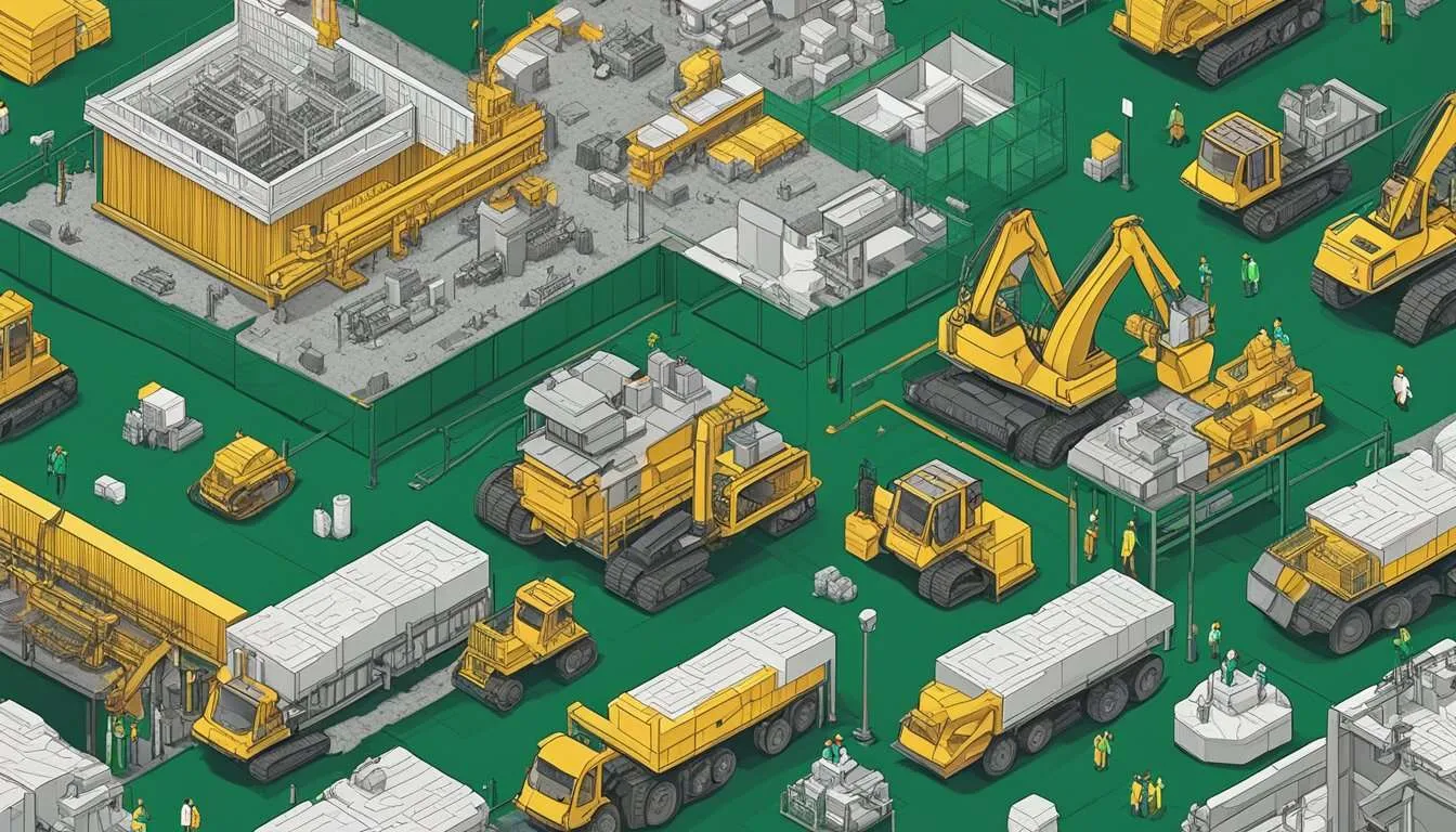 A bustling mining site with heavy machinery, workers, and environmental impact visible