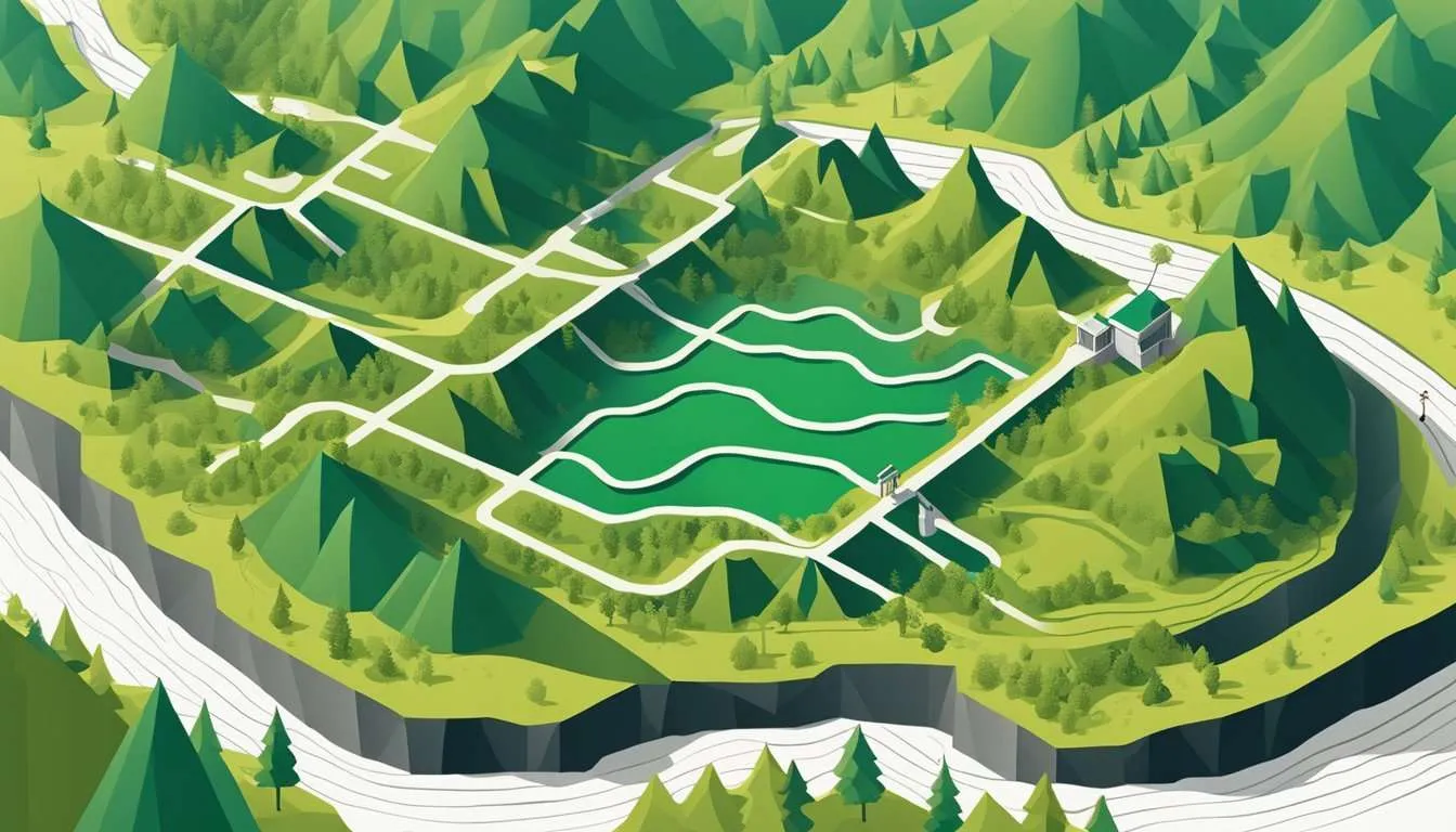 A landscape with a mining site on one side and a lush, untouched natural environment on the other, showcasing the contrasting impacts of mining on the environment