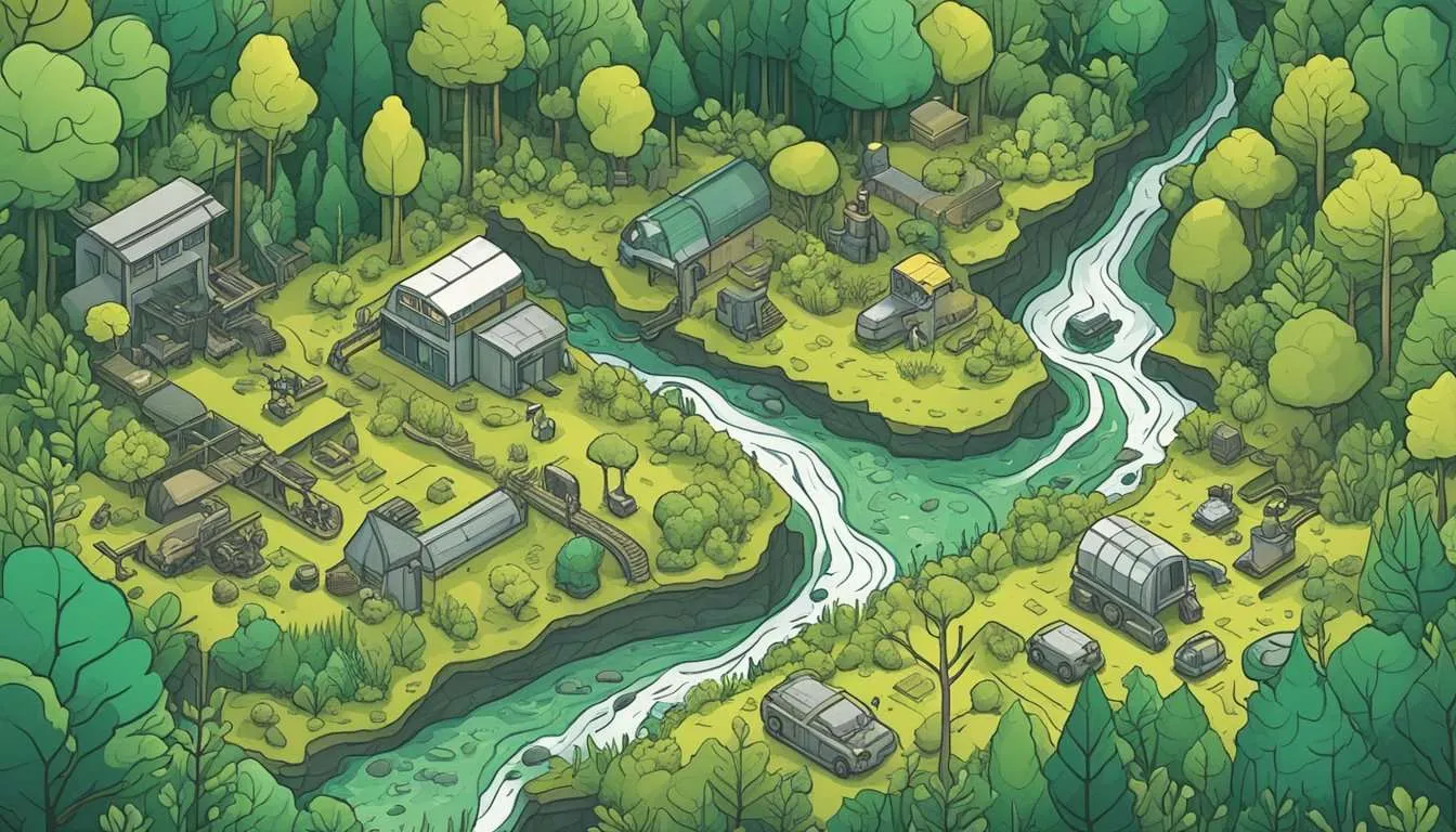 A lush forest with a clear stream, animals, and vibrant plant life on one side, and a barren, polluted wasteland with machinery and toxic waste on the other