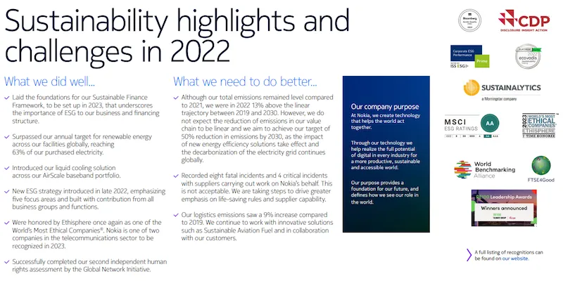 Nokia sustainability highlights and challenges in 2022. 