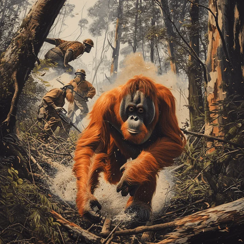 Orangutan fleeing from a forest where men are cutting down trees with chainsaws. The scene captures the urgency and panic of the orangutan as they rush away from the noise and destruction. In the background, loggers are visible, actively cutting through the trees with their equipment, oblivious to the chaos they’re causing in the animal habitat. The contrast between the fleeing wildlife and the ongoing deforestation highlights the environmental impact of human activity on natural ecosystems.