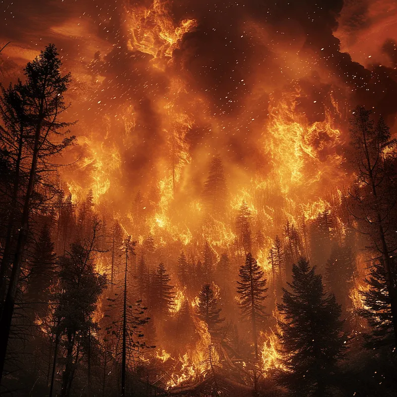 A raging forest fire. The scene is intense and dramatic, with towering flames engulfing trees and thick smoke billowing into the sky. The fire’s glow illuminates the surrounding forest, casting a fiery orange light on the scene. Sparks fly through the air, and the heat distortion is visible. The perspective is from a safe distance, capturing the scale of the disaster and the power of nature’s fury. The sky is darkened by smoke, creating a stark contrast with the bright flames.