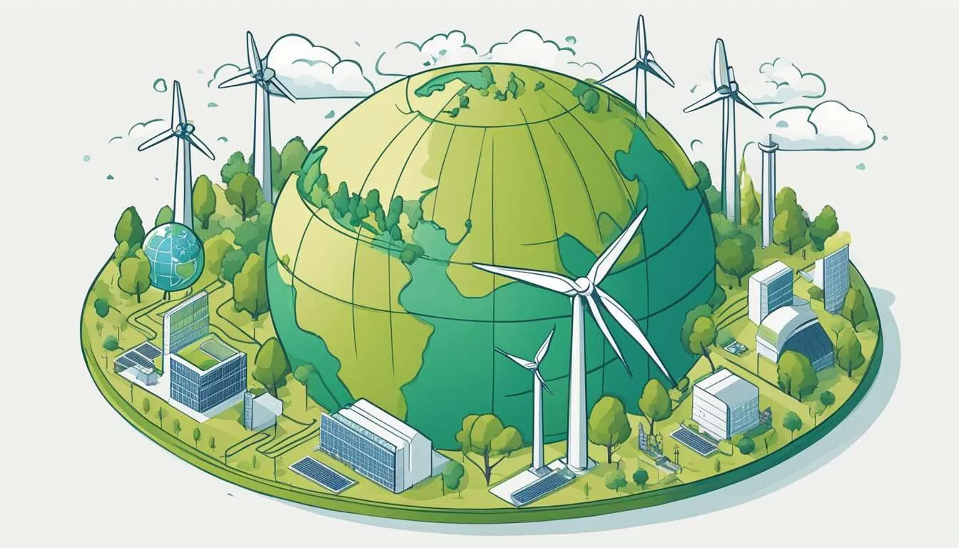 A globe surrounded by renewable energy sources, with arrows showing reduced carbon dioxide emissions and benefits such as cleaner air and improved public health