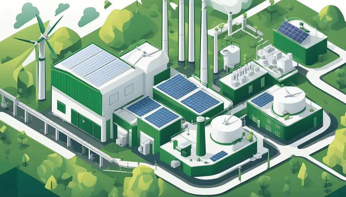A factory with smokestacks emitting clean, white steam. Solar panels and wind turbines surrounding the building, indicating renewable energy usage
