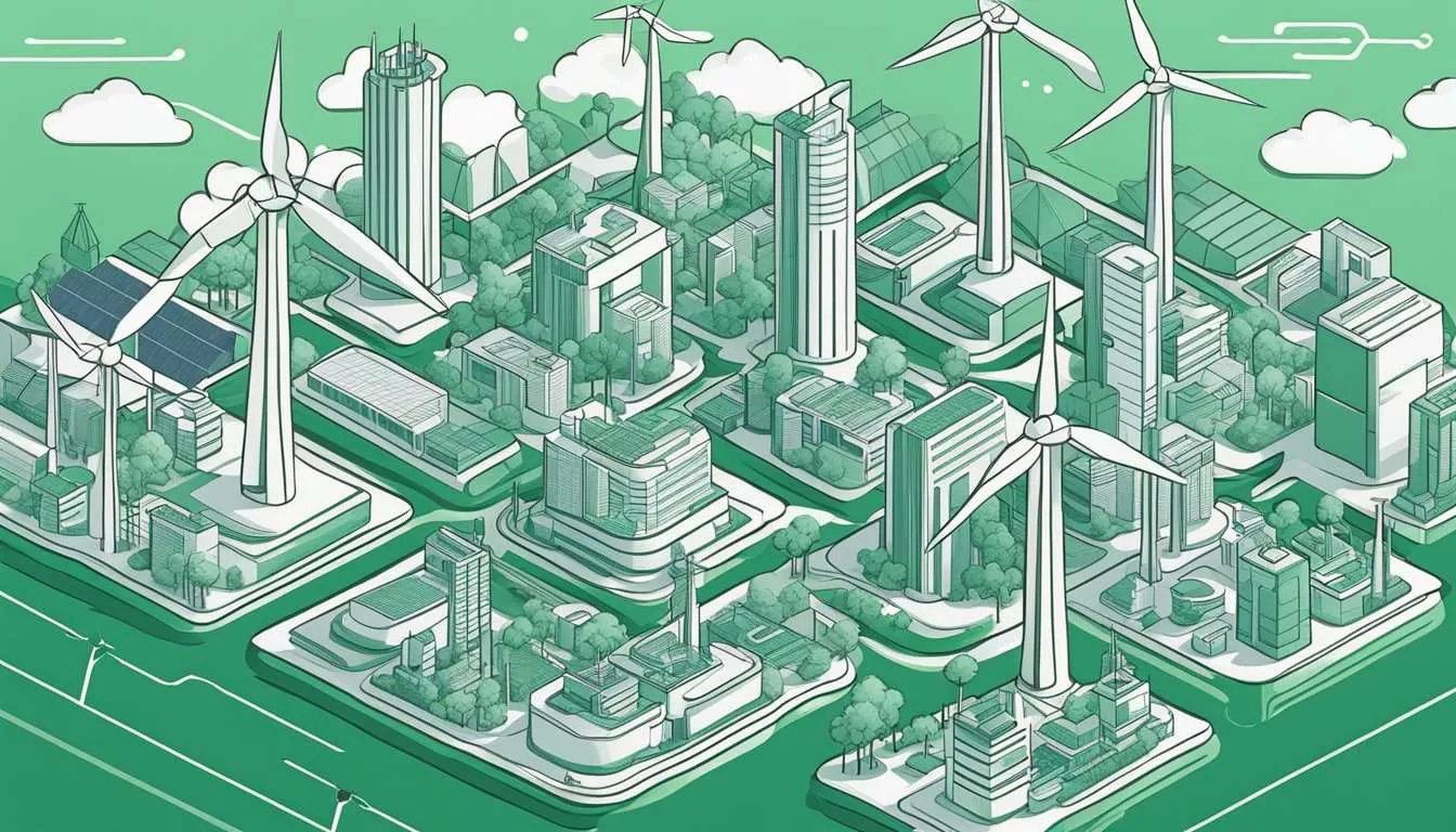 A futuristic city powered by renewable energy, with wind turbines and solar panels. Clean air and blue skies demonstrate the benefits of reducing CO2 emissions