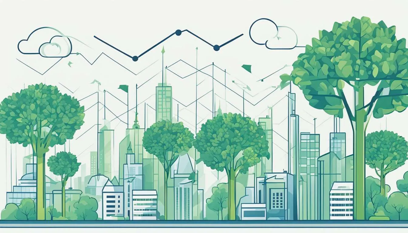 A clear blue sky with green trees and a city skyline in the background